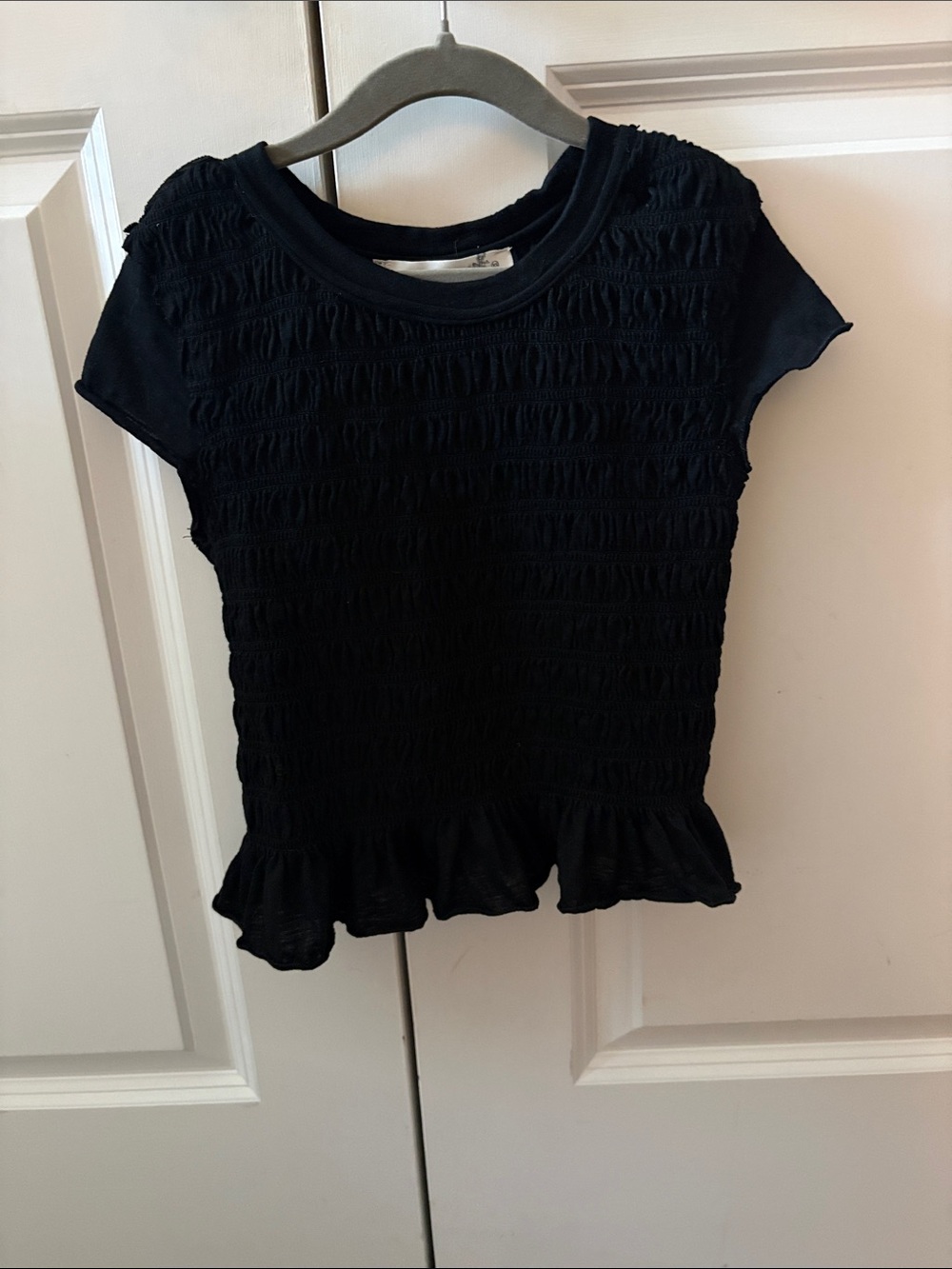 Altar'd State Black Smocked Short Sleeve Ruffle-Hem Crop Top